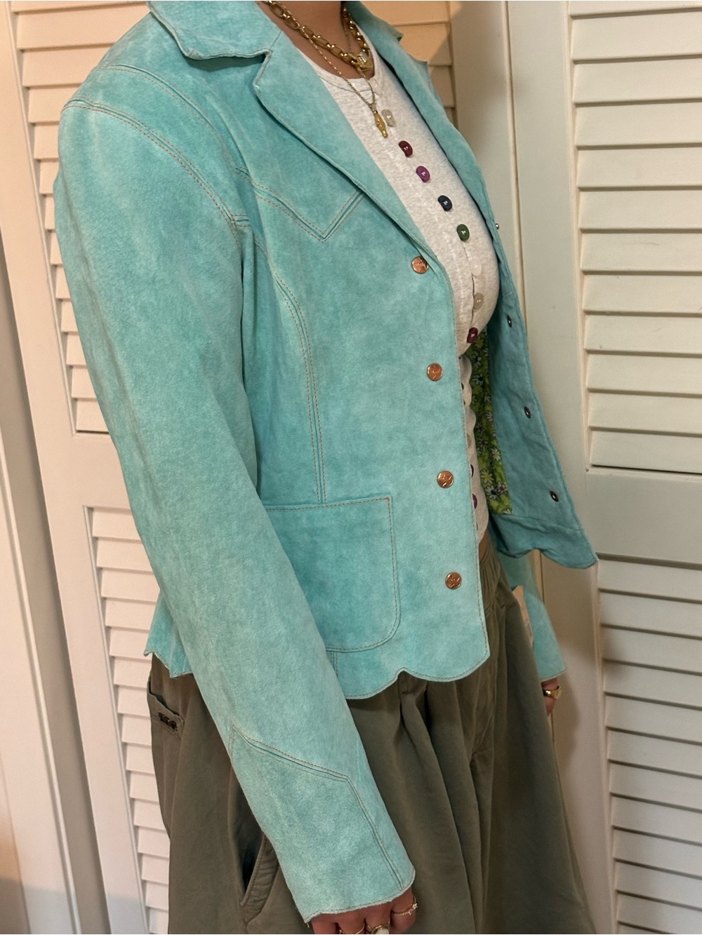NWT VTG 90s Wilsons Leather Maxima S turquoise jacket with scalloped hem